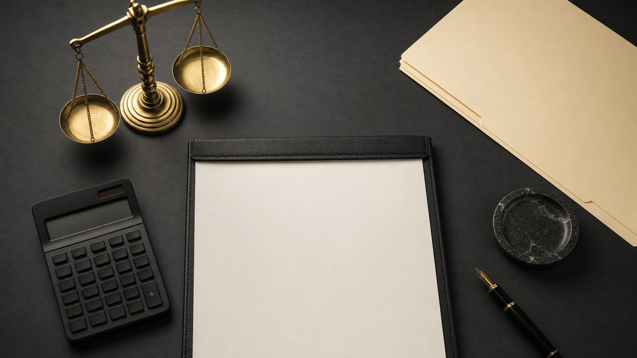 Brass balance scale, calculator, ledger, fountain pen, and legal folder on a charcoal desk
