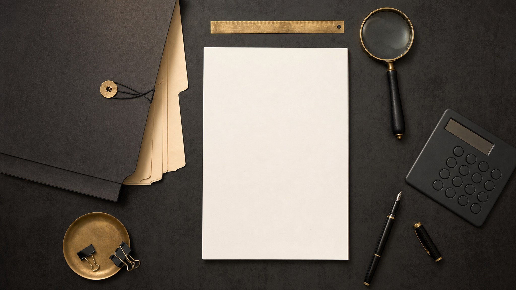 Blank review sheet, brass ruler, magnifying glass, calculator, pen, and file folder on a charcoal desk
