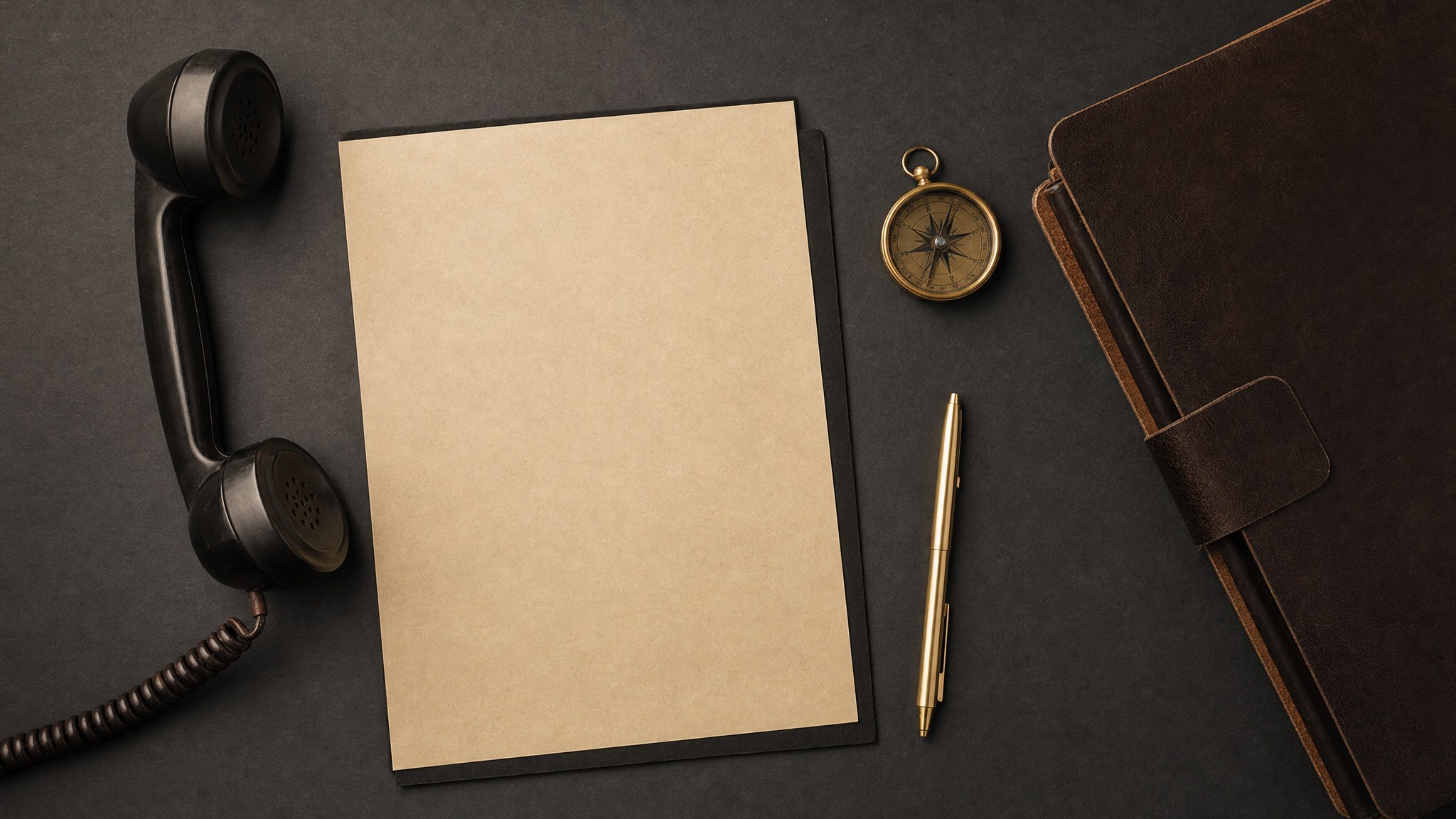 Telephone, blank intake sheet, compass, pen, and legal portfolio on a graphite desk