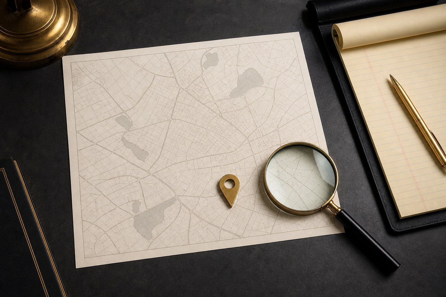 Map, magnifying glass, location pin, and legal notepad on a dark desk