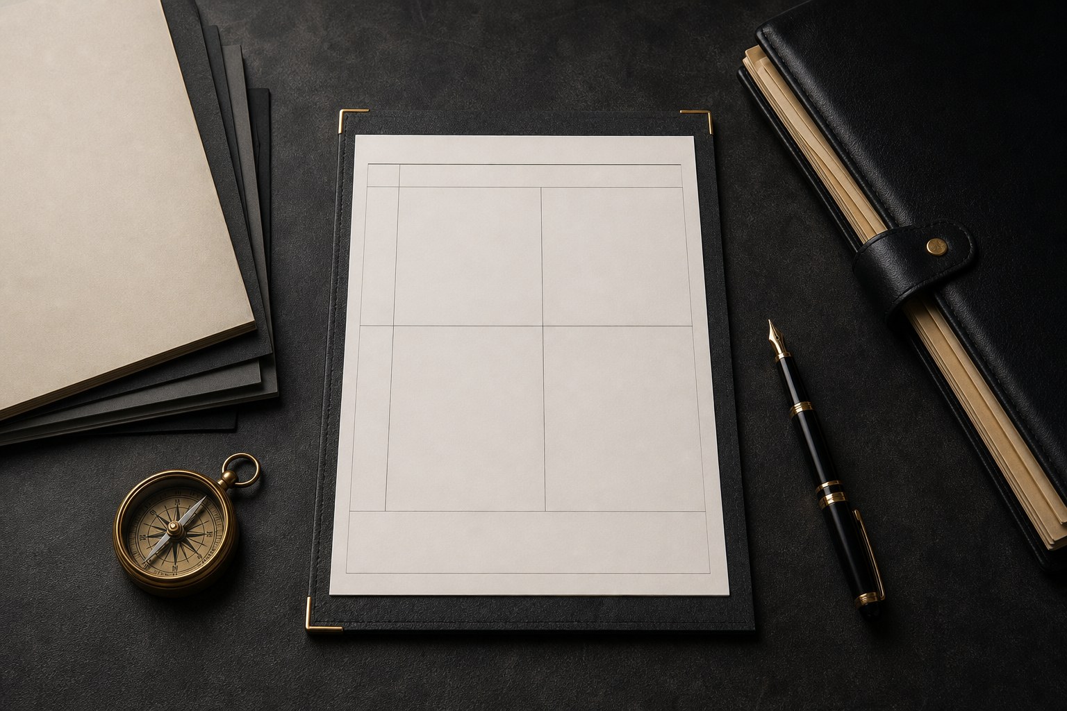 Blank review sheet, compass, pen, and case folders on a charcoal desk