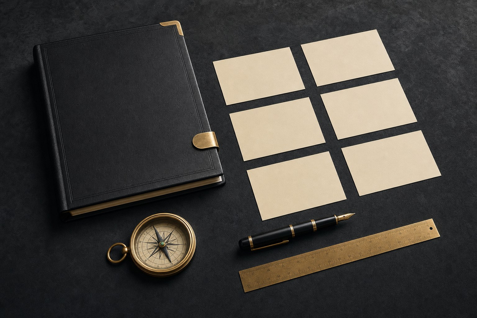 Case file, blank priority cards, compass, pen, and ruler on a charcoal desk