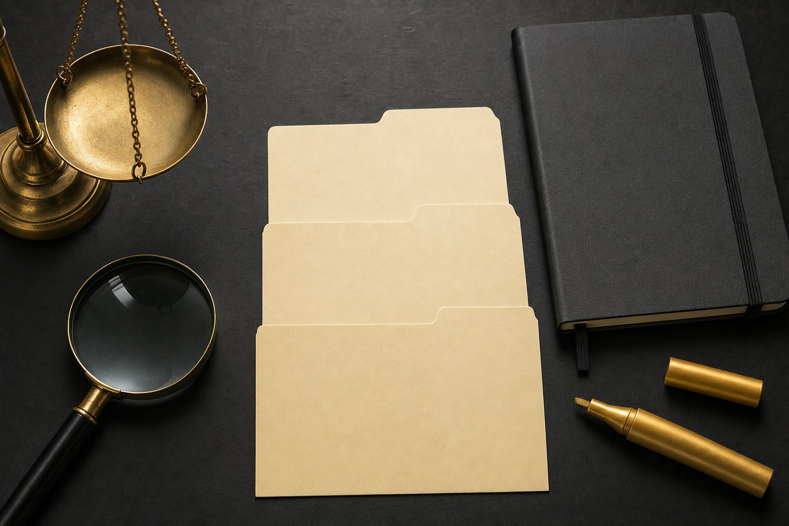 Magnifying glass, blank case folders, scale, and notebook arranged for a priority review