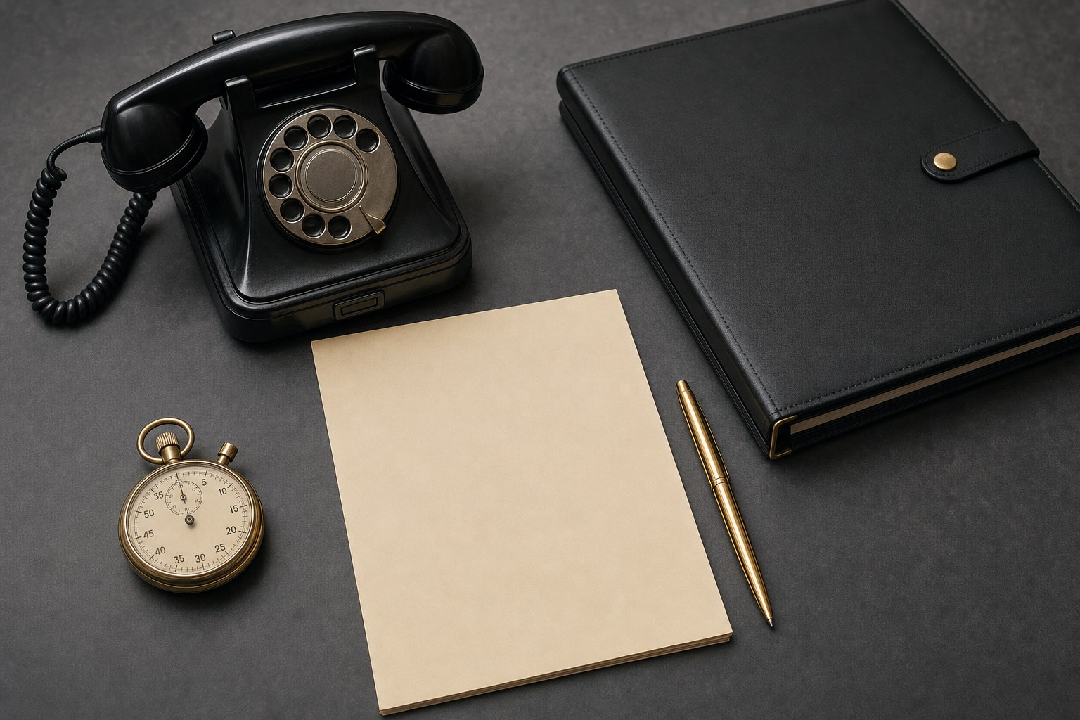 Desk telephone, stopwatch, blank intake sheet, and case folder on a graphite desk