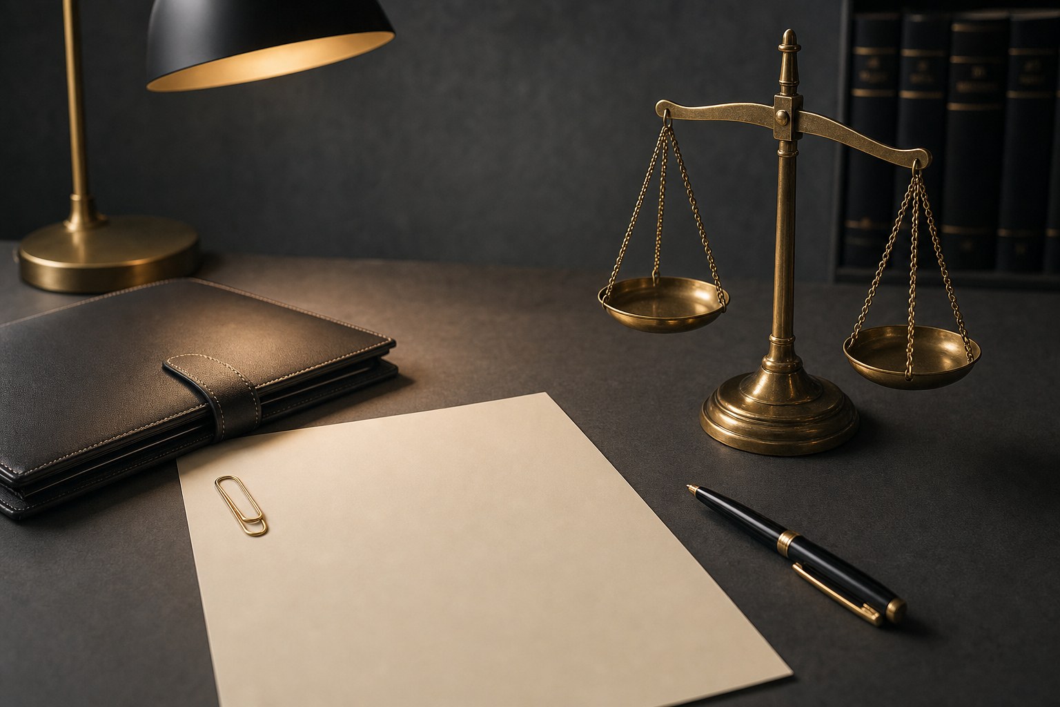 Brass balance scale, blank legal document, and pen on a graphite worktable
