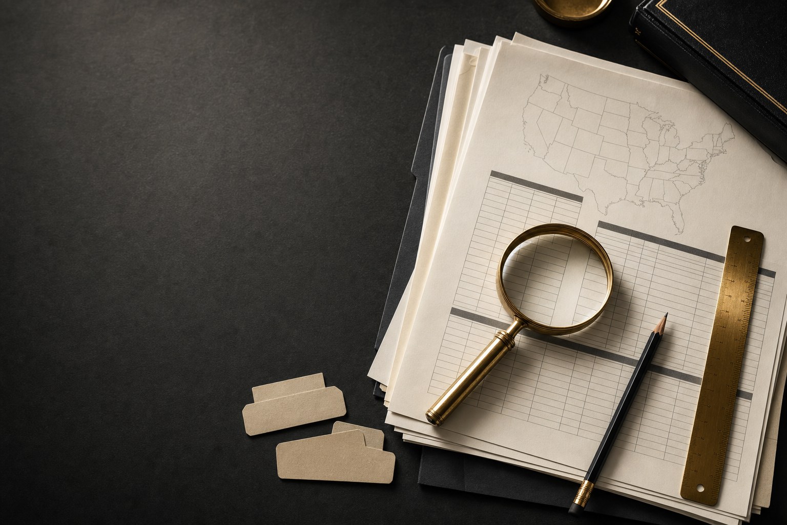 Federal court research papers, a magnifying glass, pencil, and ruler on a dark desk