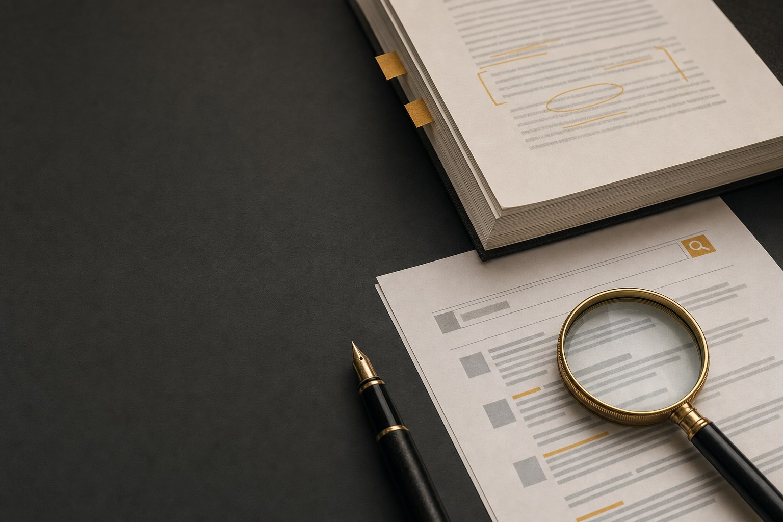 Legal brief and search results on a desk