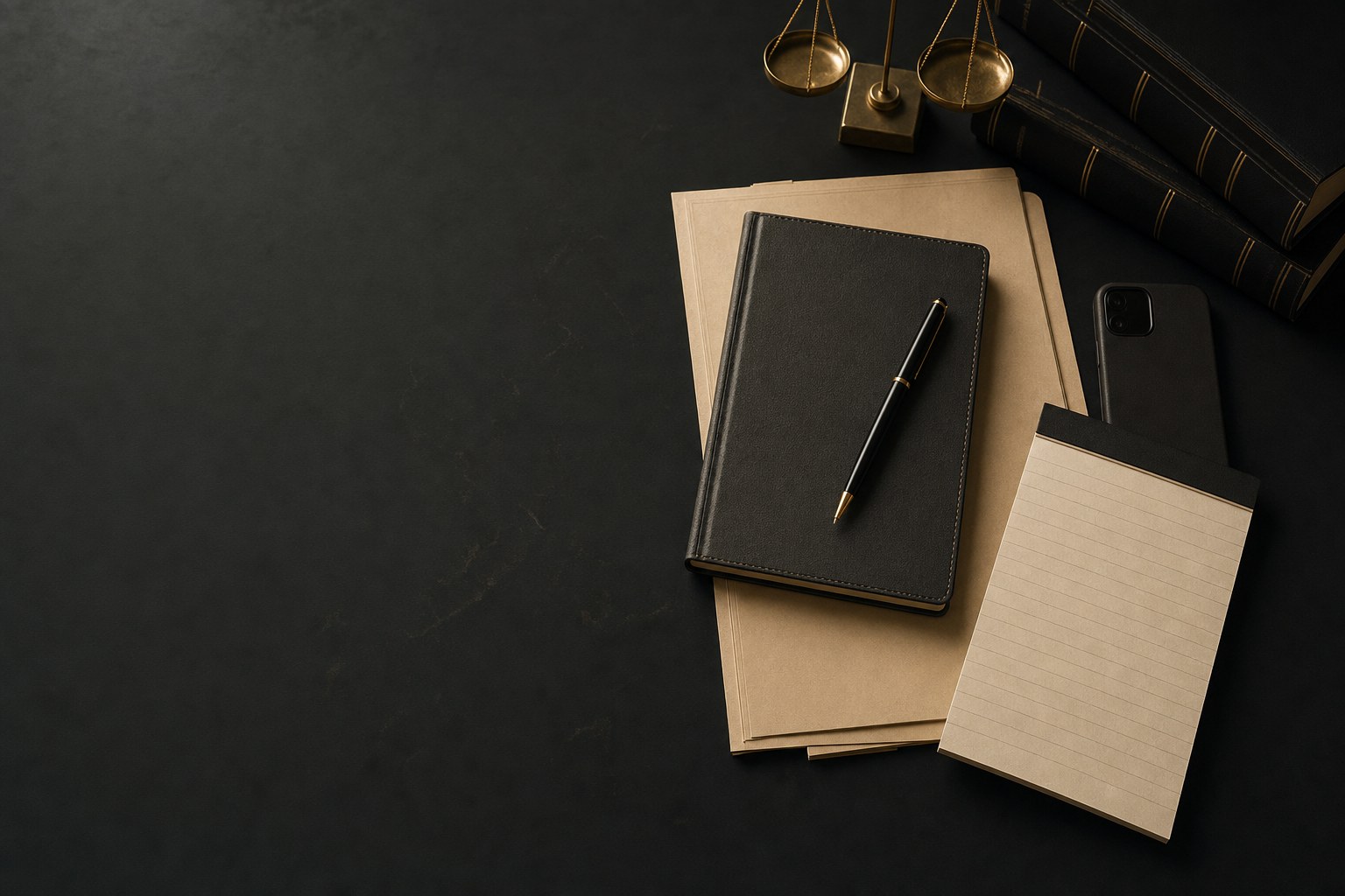 Documentos legales y materiales de trabajo sobre un escritorio