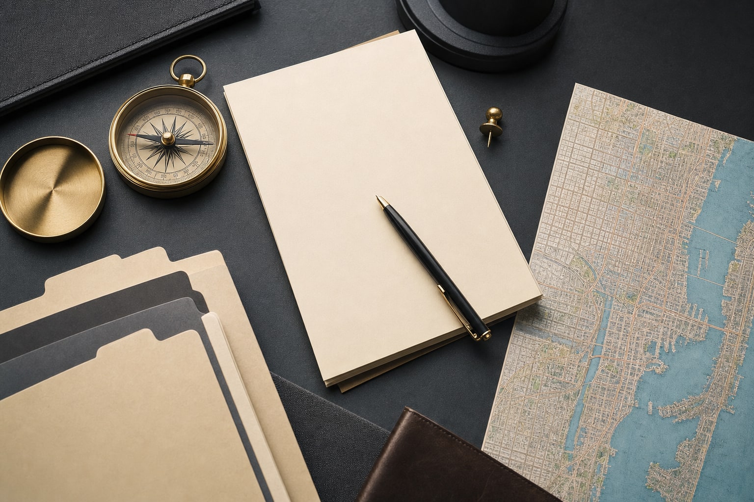 Compass, legal file tabs, blank notes, and a Miami map on a dark worktable