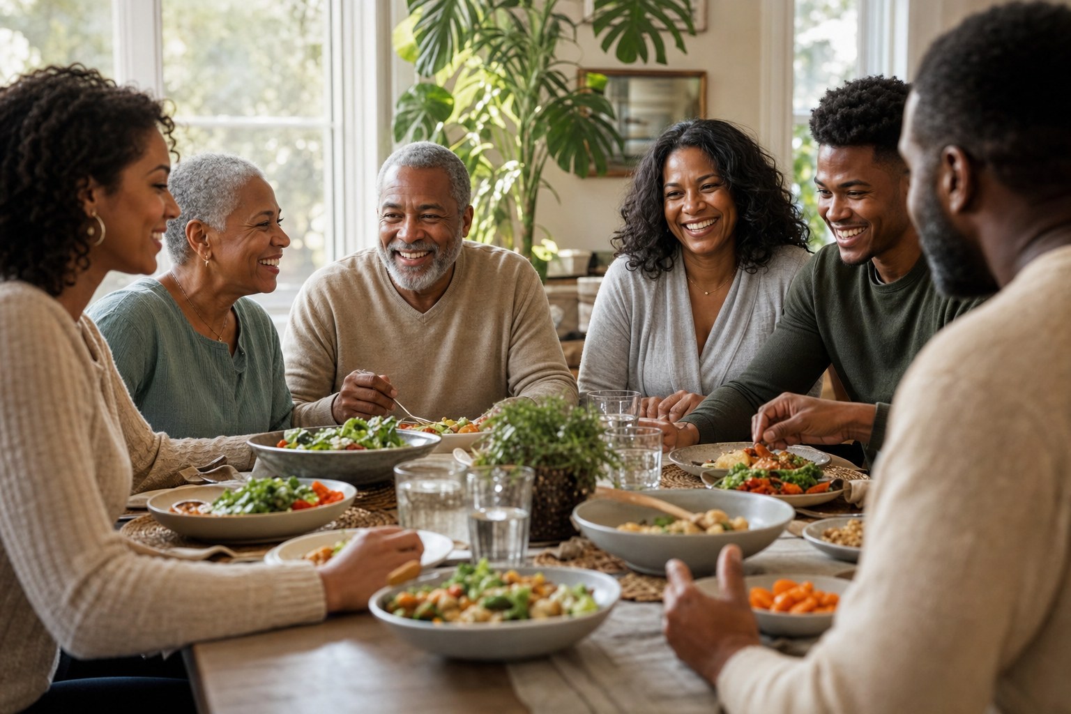 Multigenerational family sharing a meal and conversation