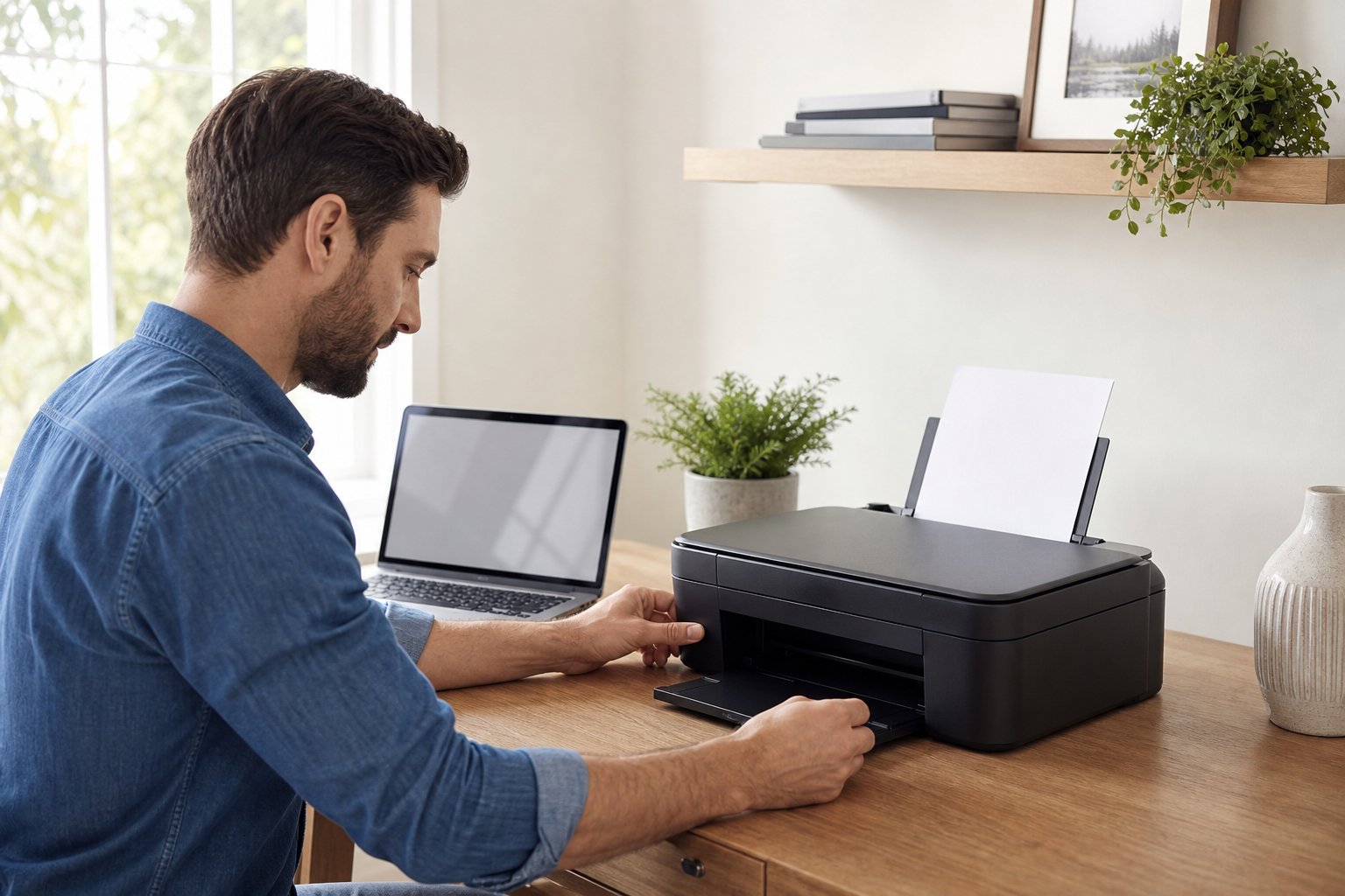 Home printer being set up beside a laptop