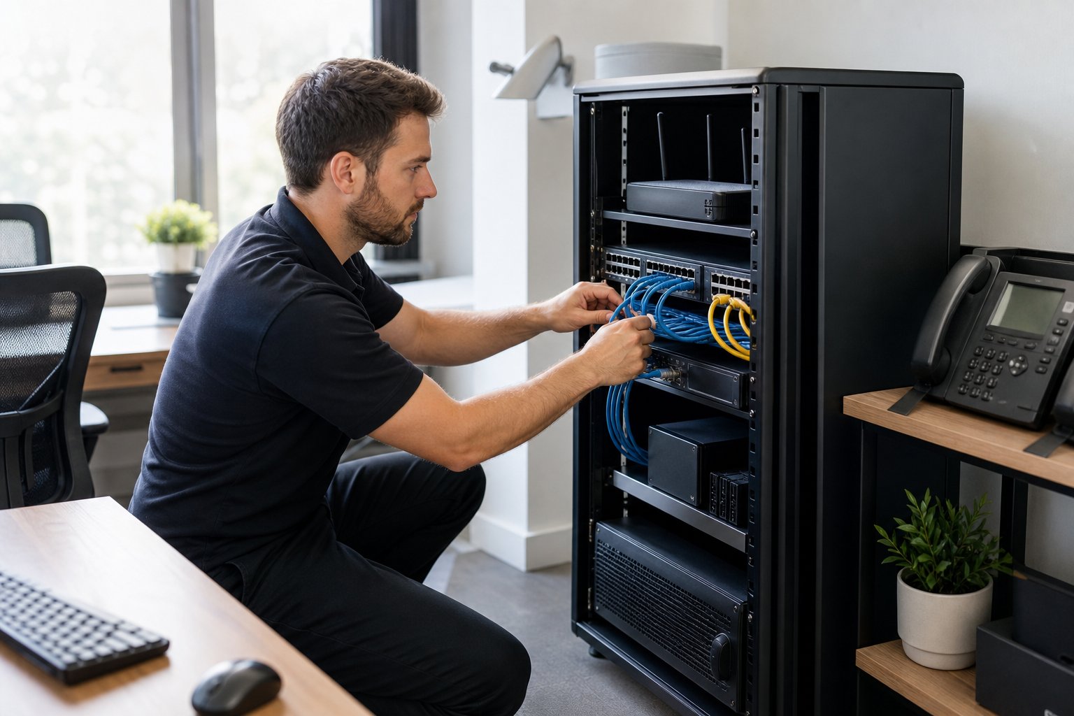 Technician organizing a small business network