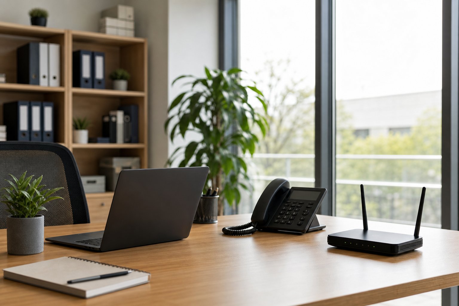 Tidy small business office with Wi-Fi and desk phones