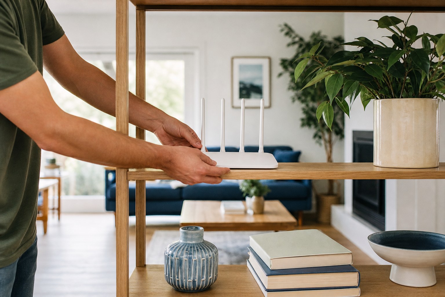 Homeowner placing a Wi-Fi router on an open shelf