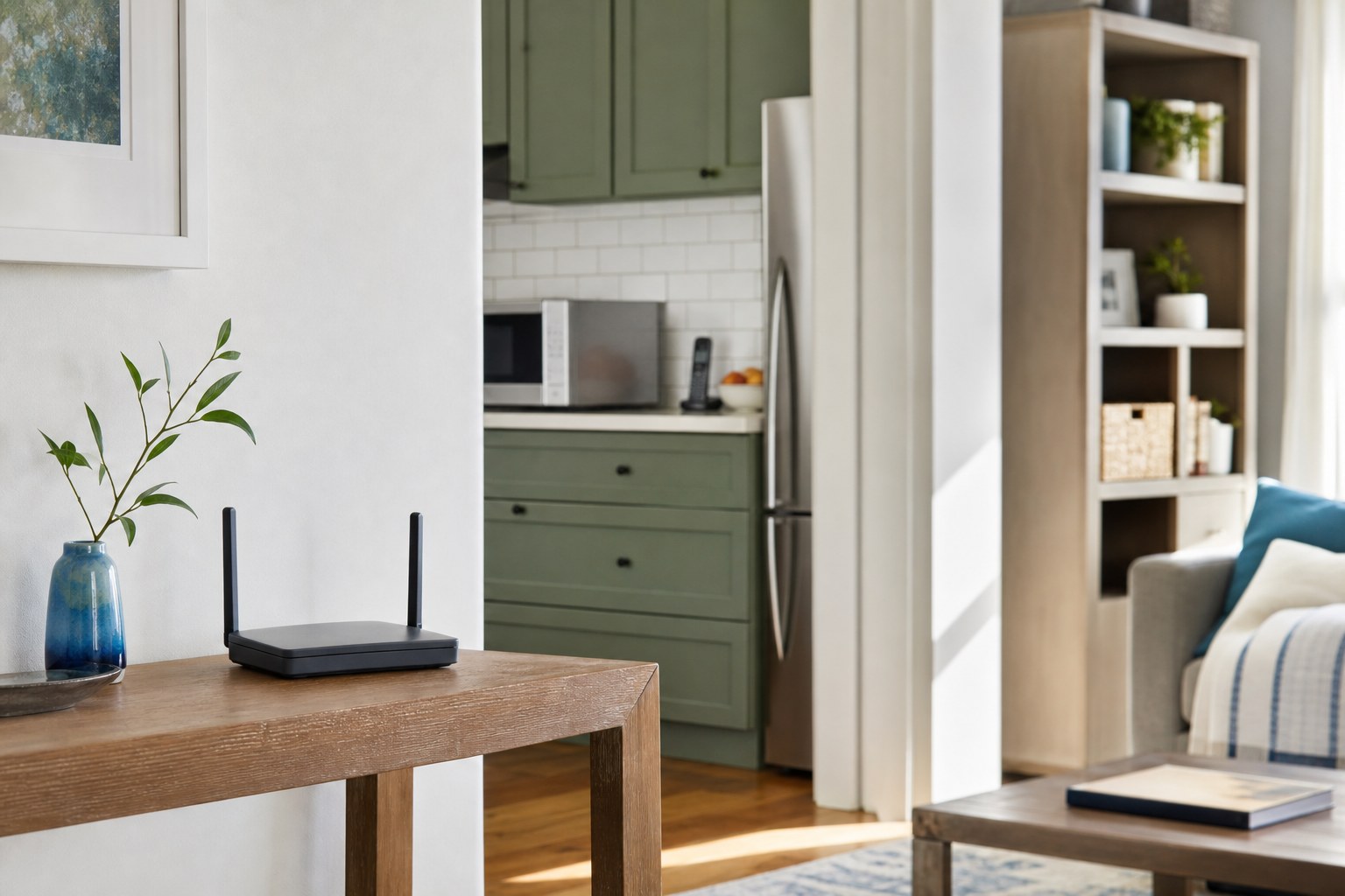 Router placed on a clear table away from kitchen appliances