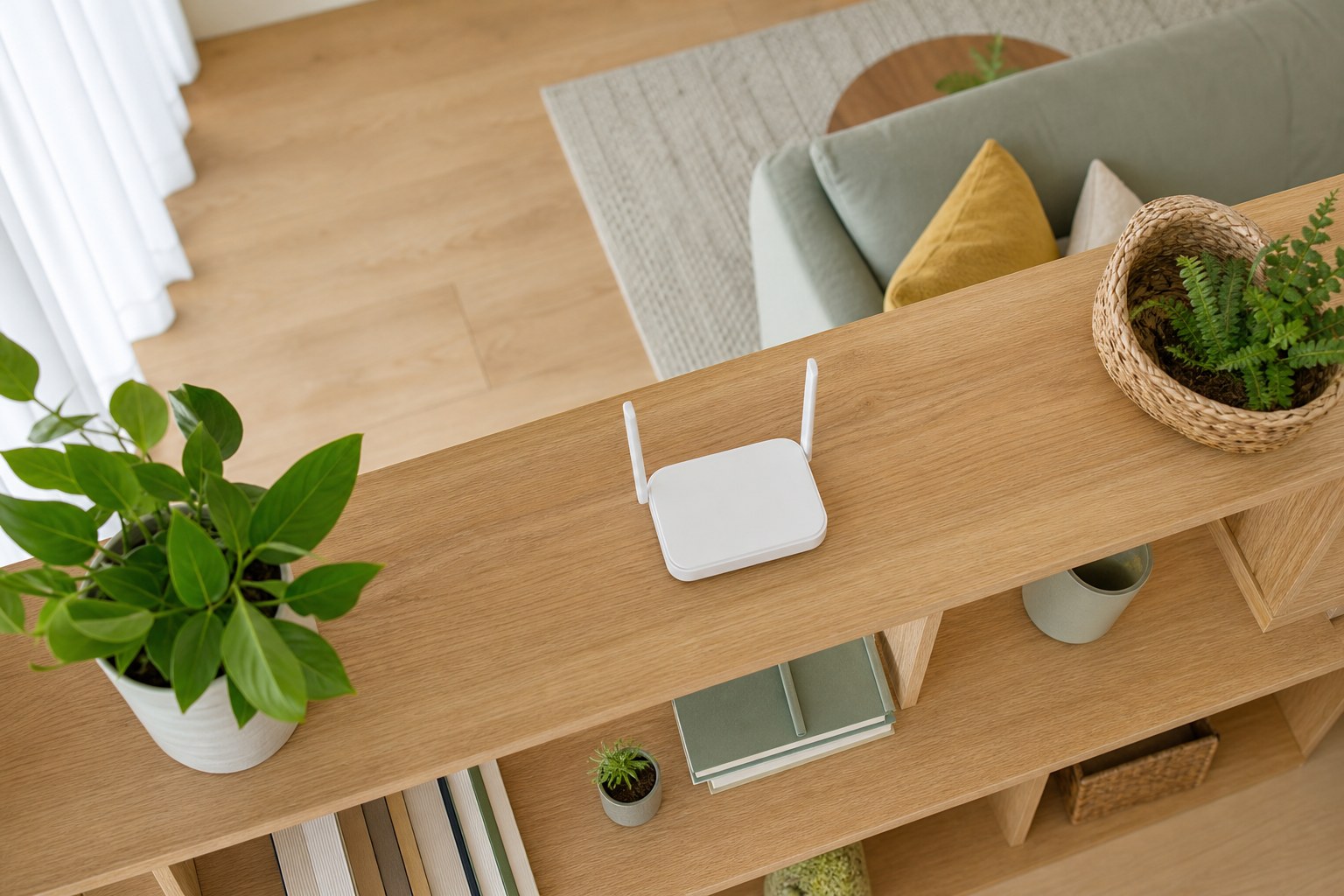 Wi-Fi router placed openly on a central bookshelf