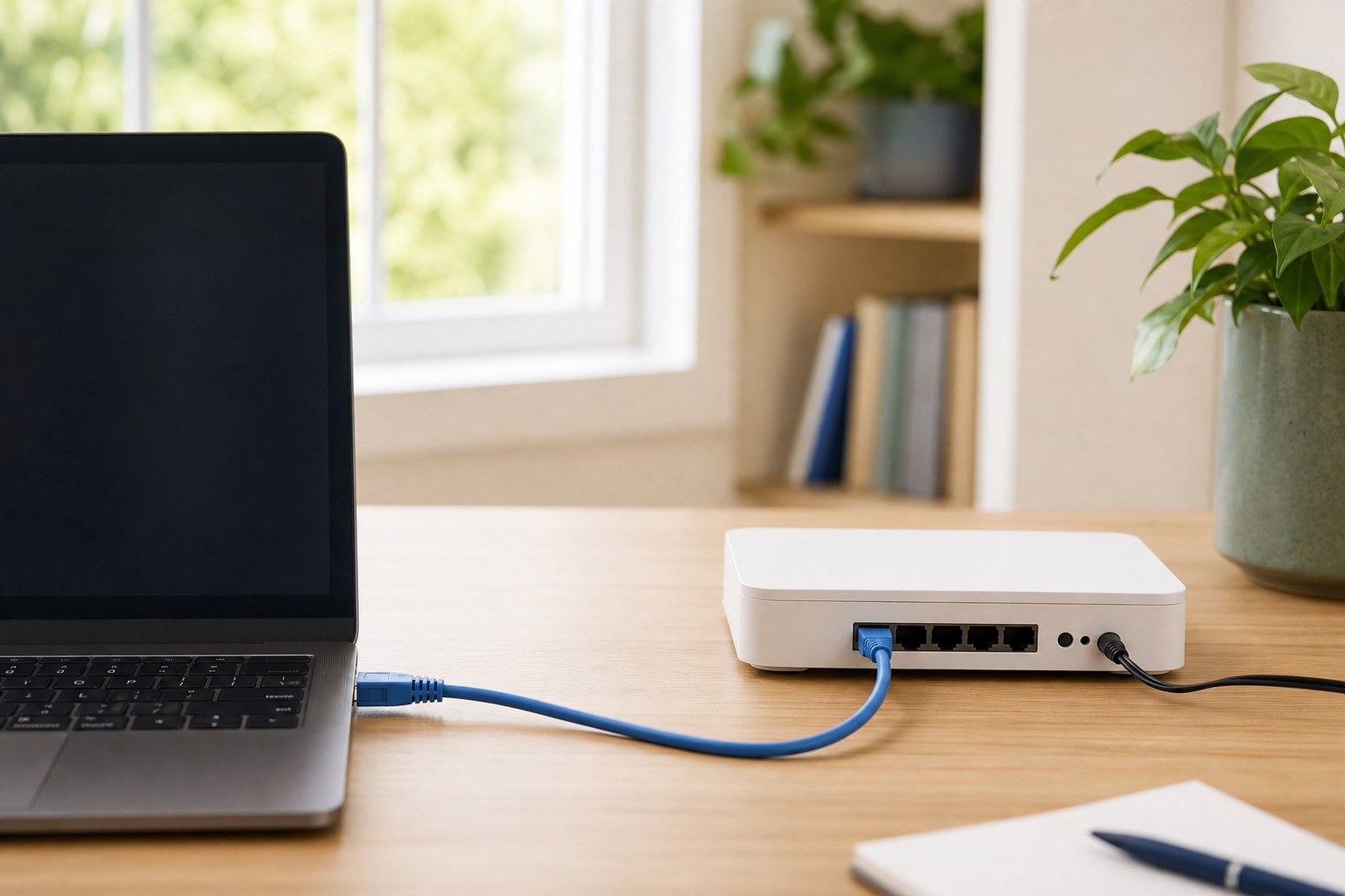 Laptop connected to a home router with an ethernet cable for testing
