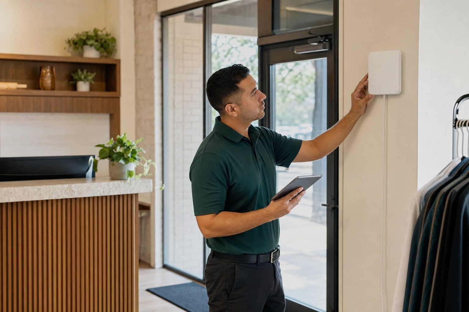 Technician testing an on-site Wi-Fi installation in a small business