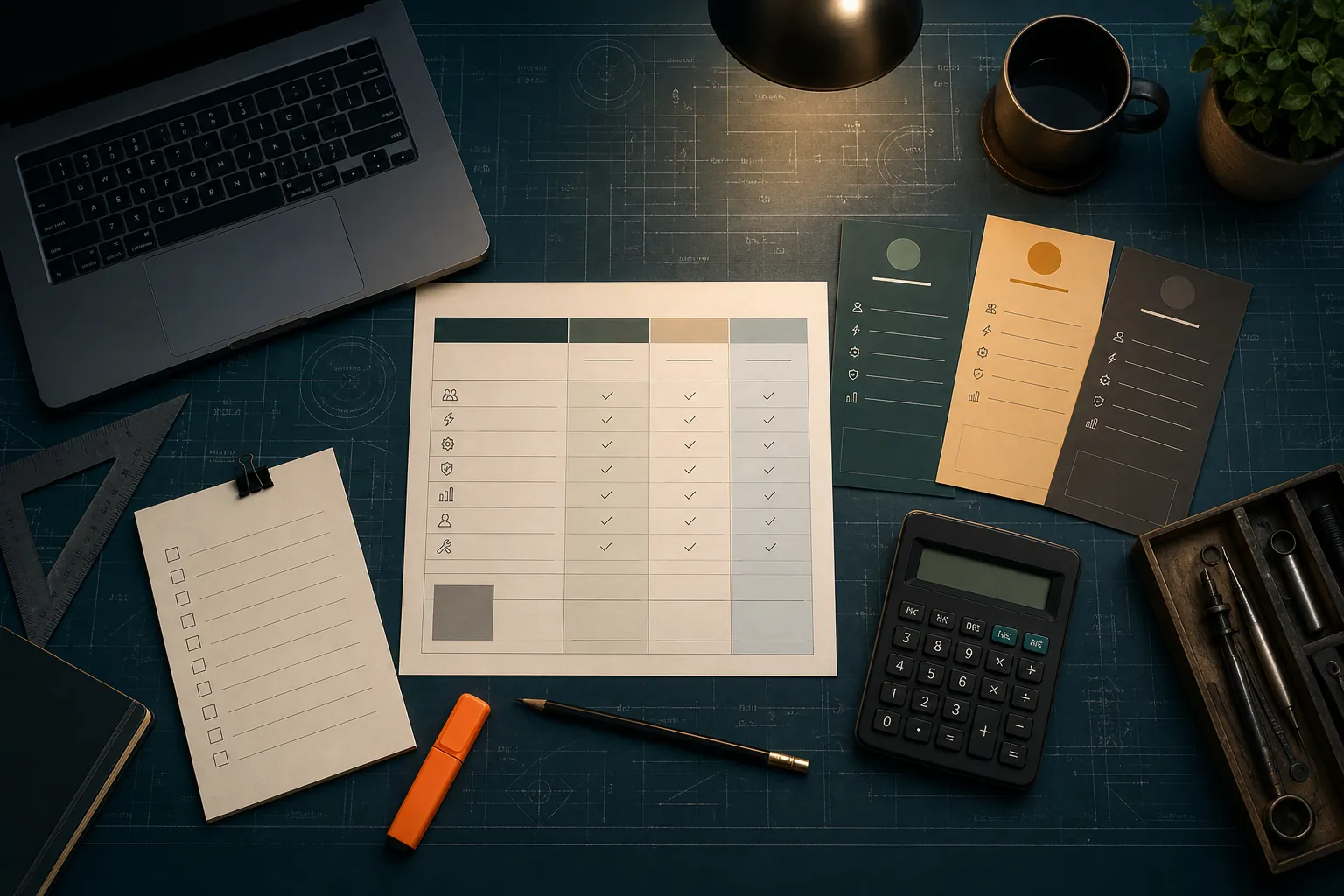 A pricing worksheet, service cards, calculator, and checklist arranged on a dark blueprint desk