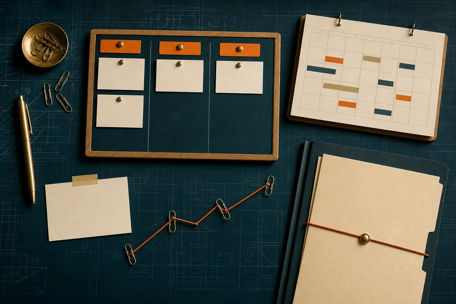 A small project board, delivery calendar, client folder, and planning materials arranged on a dark blueprint desk