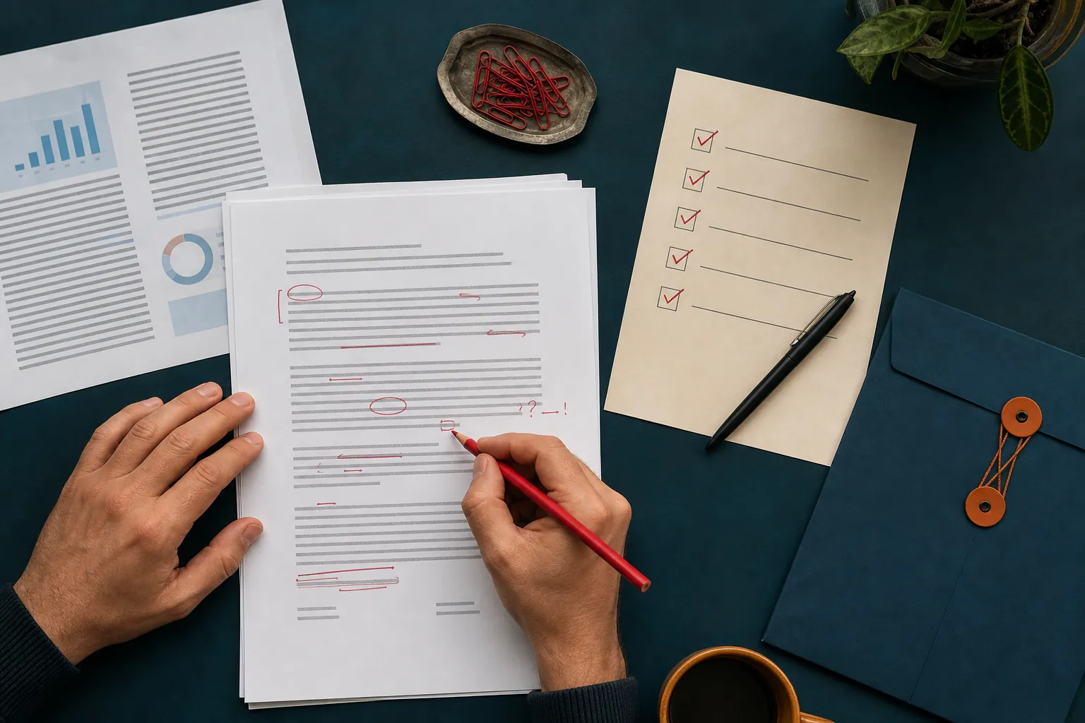An editor reviewing a draft with a red pencil, a checked list, source pages, and a client delivery folder