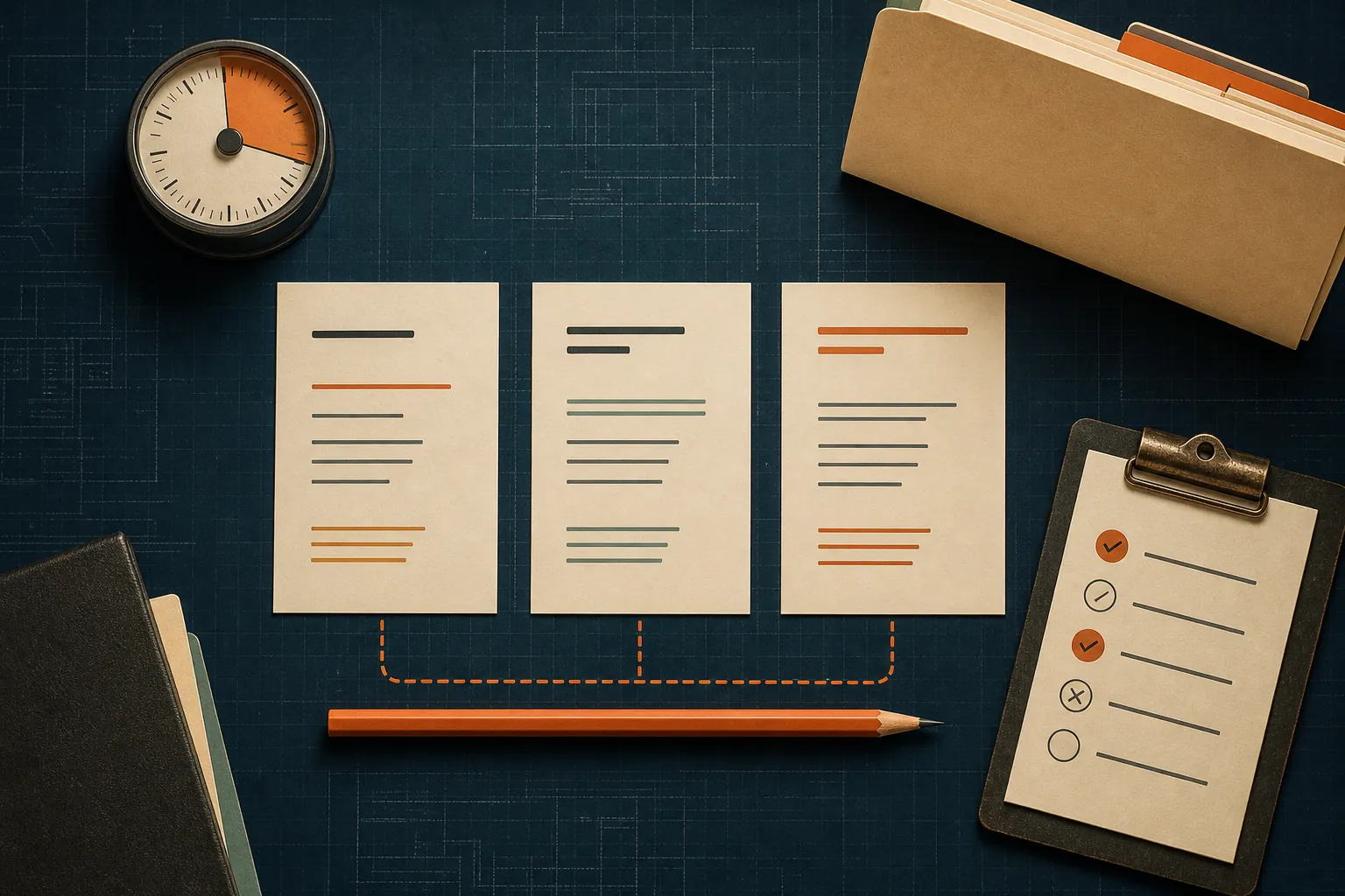 Three service-scope cards, a timer, source folders, and a review checklist arranged on a blueprint worktable