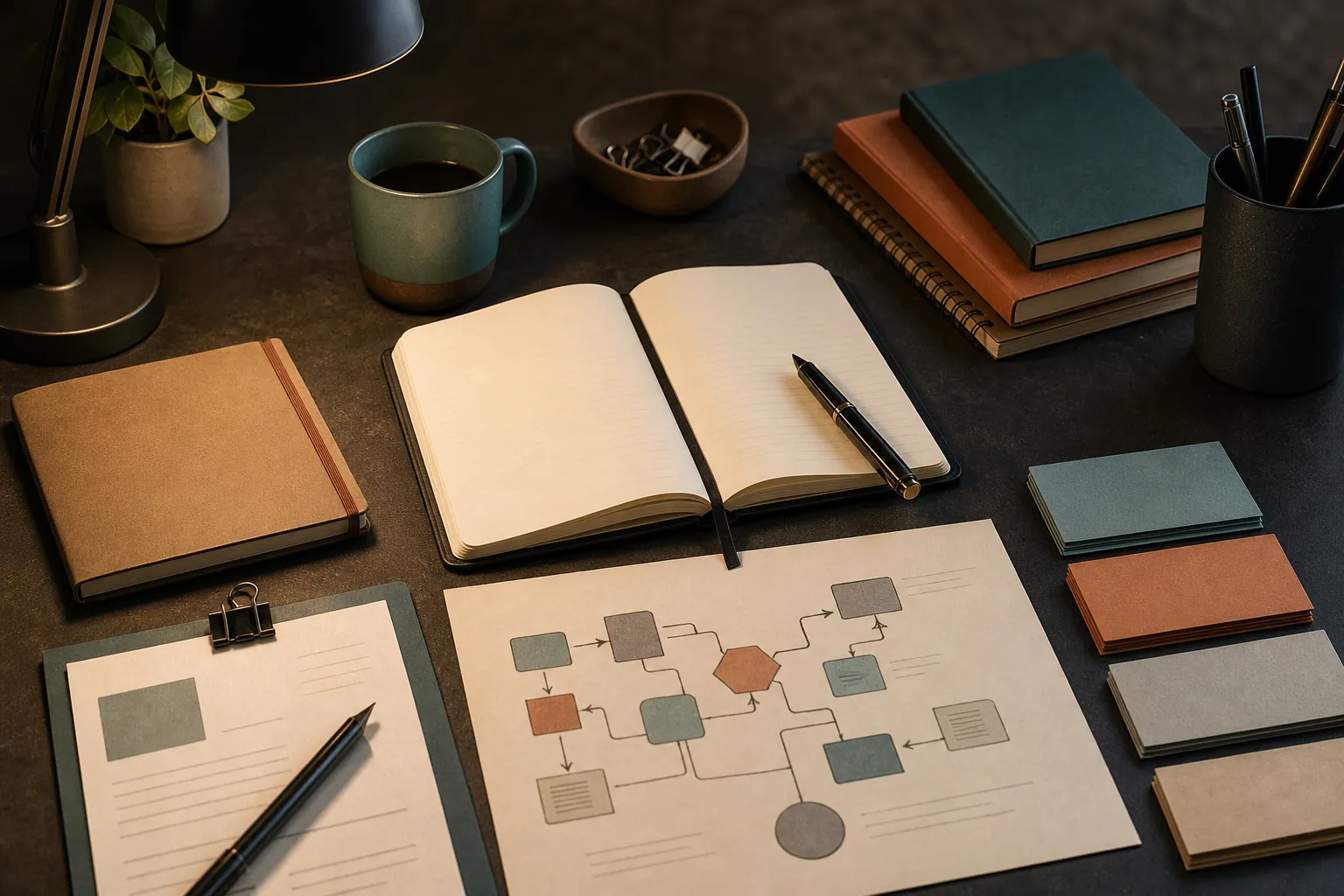 A notebook, workflow map, and client work cards arranged on a dark workshop desk