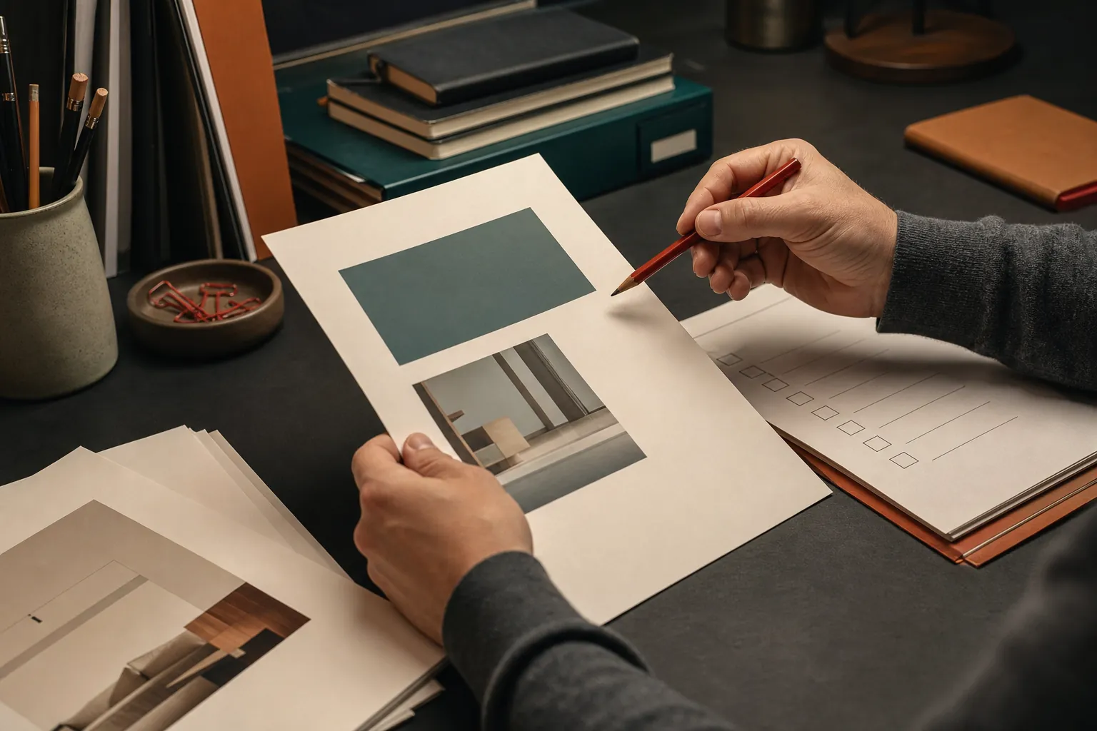 A consultant reviewing a printed client deliverable with a red pencil and a checklist