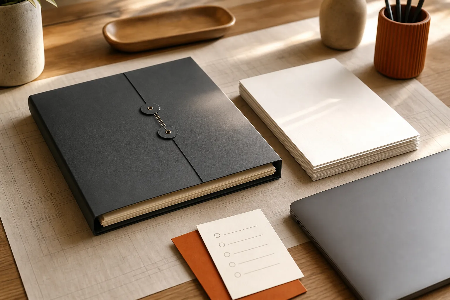 A completed client service package with a folder, clean document stack, and checklist on a worktable