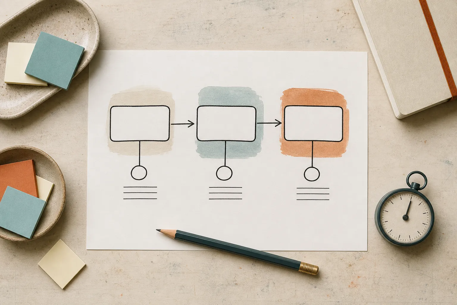 A paper workflow map with three connected stages, a pencil, and a timer on a drafting table