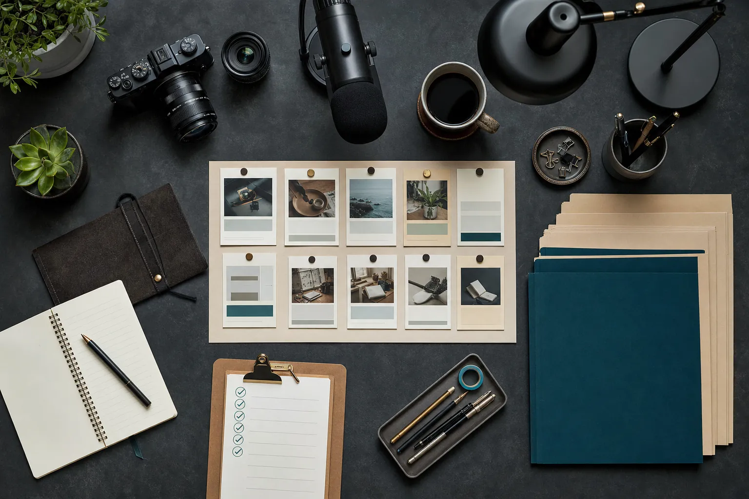 A camera, microphone, content planning cards, approval checklist, and client folders on a workshop desk