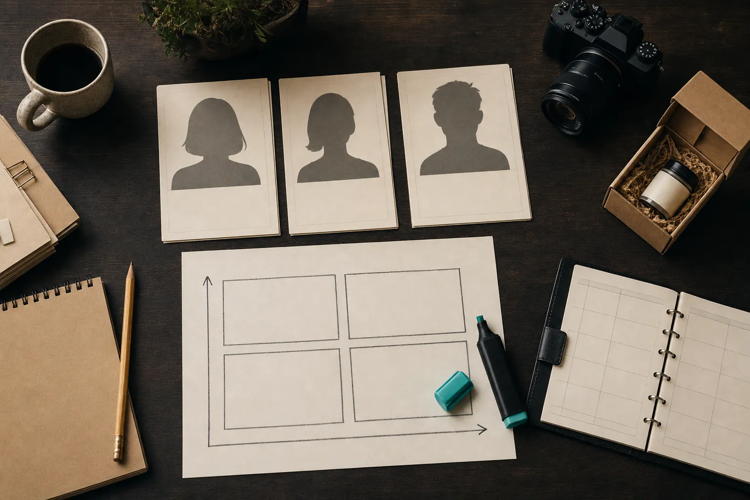 Client profile cards, a simple decision matrix, camera, product box, and appointment book on a planning desk