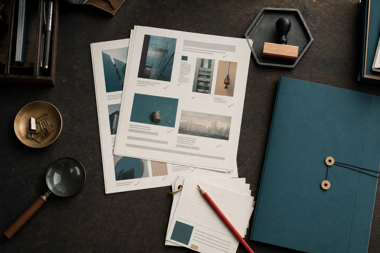 Reviewed content pages, a red editing pencil, an approval stamp, source notes, and a client folder on a worktable