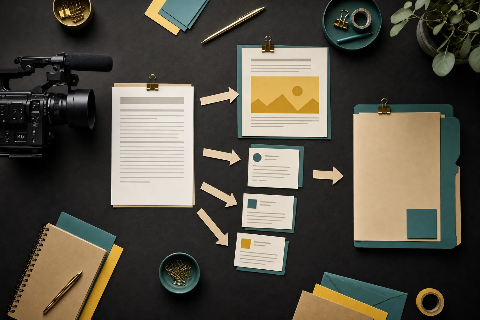 A camera, source document, content cards, paper arrows, and delivery folder arranged as a content workflow