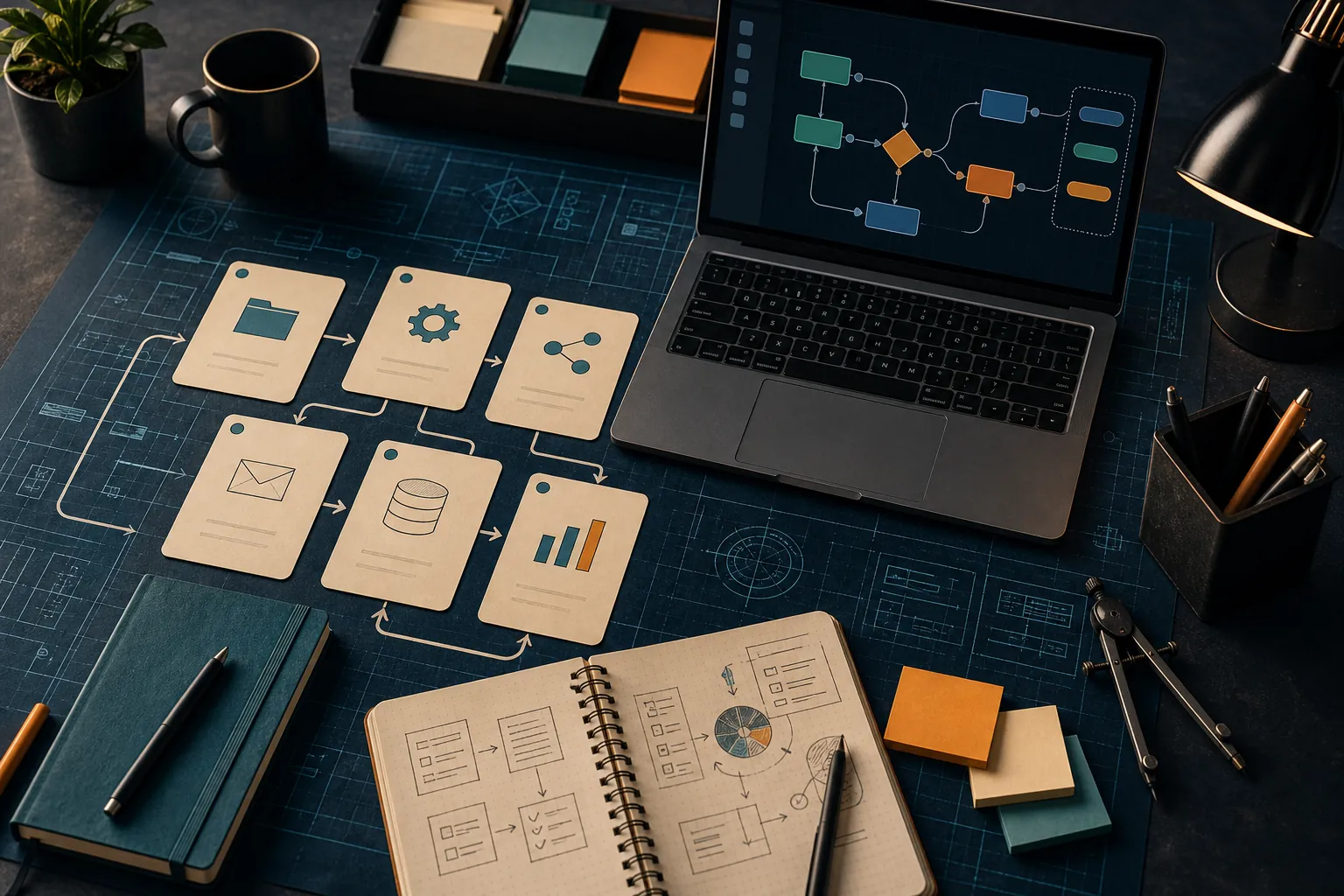 A laptop, service cards, and notebook arranged on a dark AI content blueprint desk