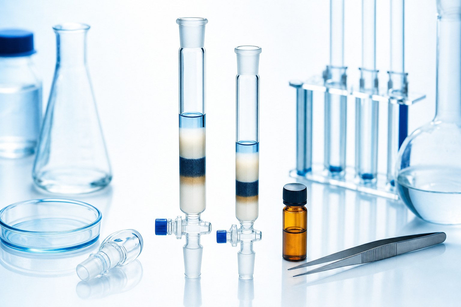 Laboratory glassware and analytical instruments on an ice-blue work surface