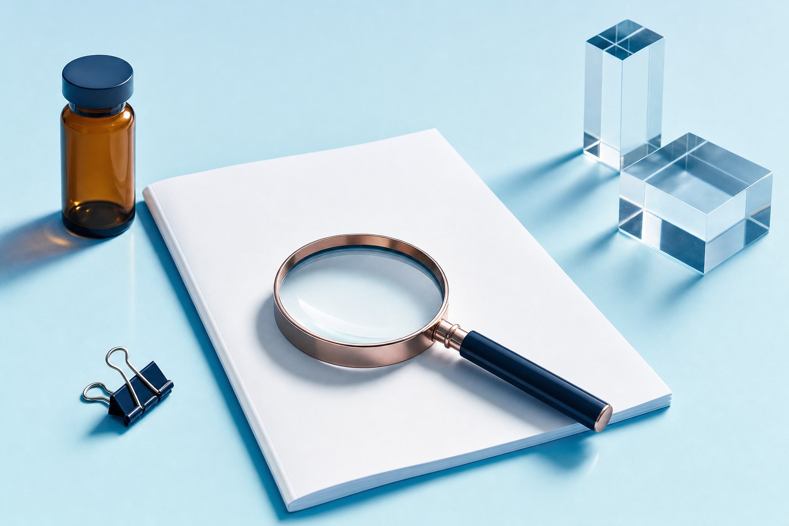 Research documentation materials, amber vial, and glassware on an ice-blue surface