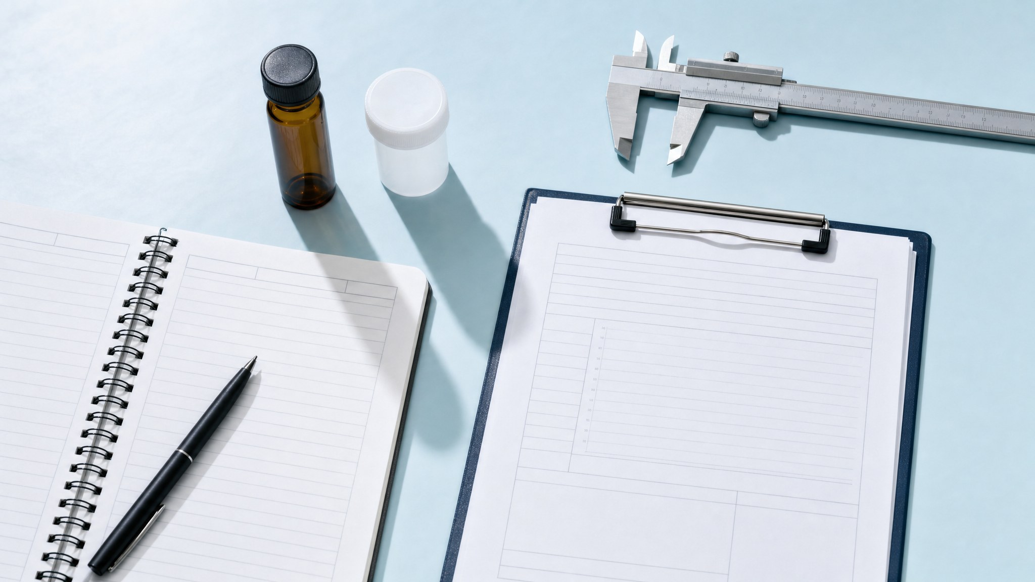Amber research vial, unlabeled sample container, calipers, notebook, and blank research records on an ice-blue surface