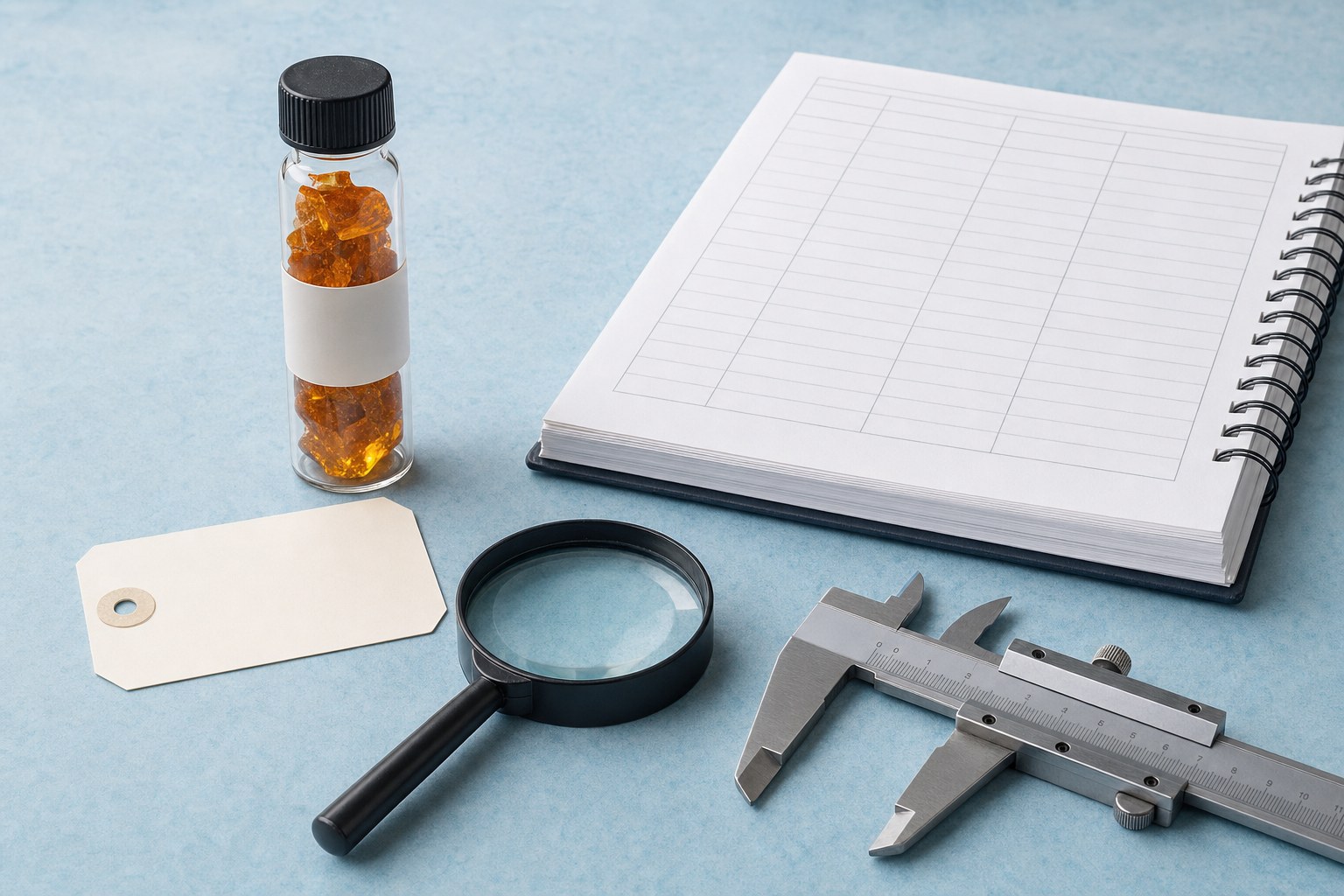 Anonymous amber vial, unlabeled sample tag, magnifying lens, calipers, and research notebook on an ice-blue surface