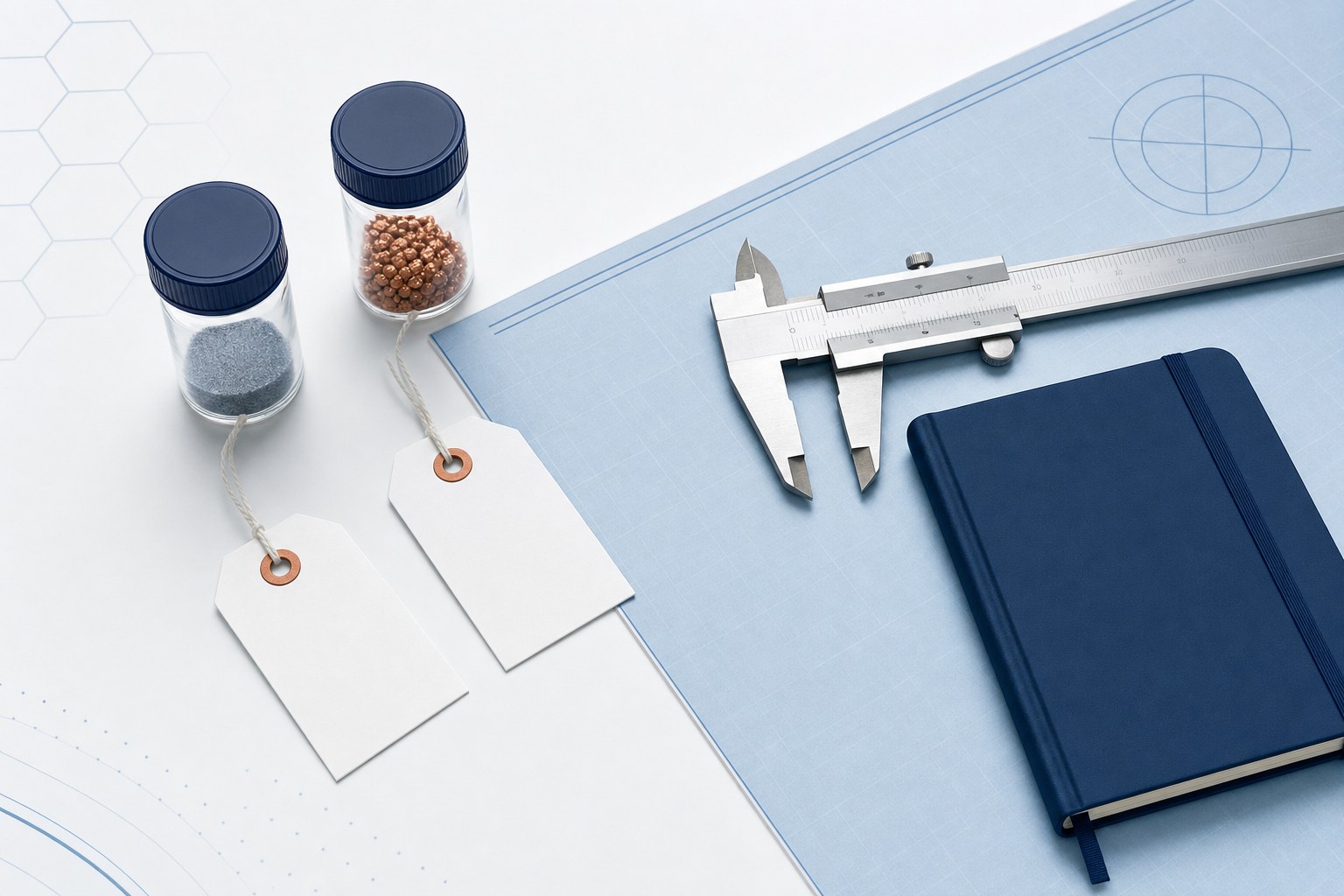 Amber research vial, calipers, glassware, and notebook on an ice-blue laboratory work surface