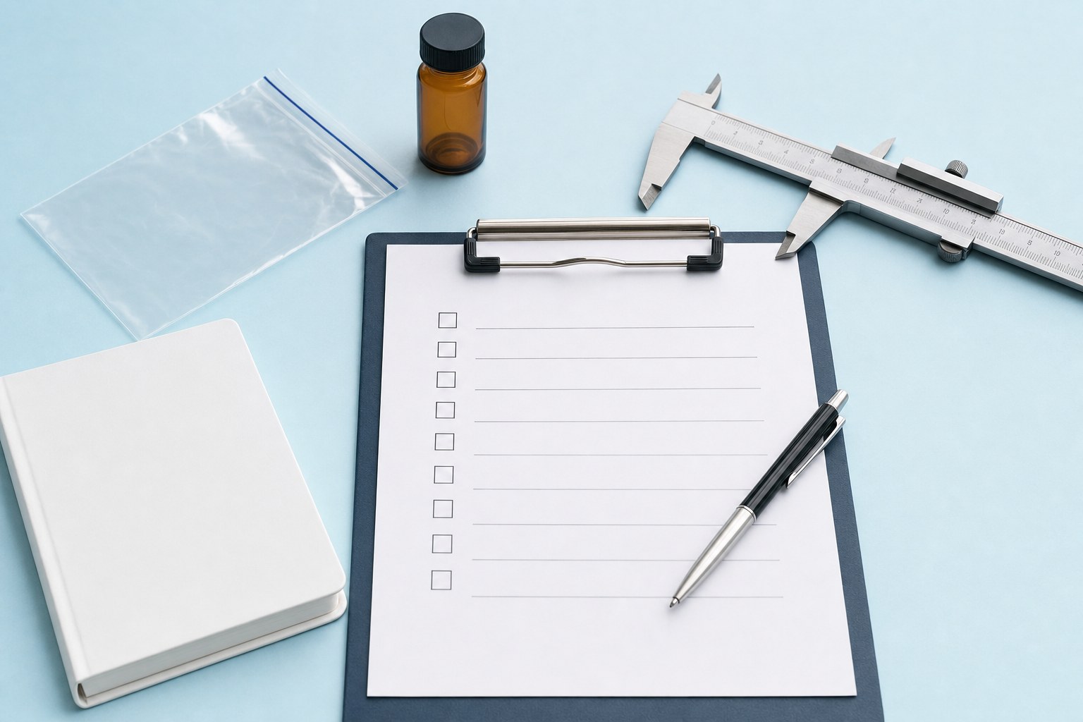 Blank checklist clipboard, amber research vial, calipers, notebook, sample bag, and pen on an ice-blue surface