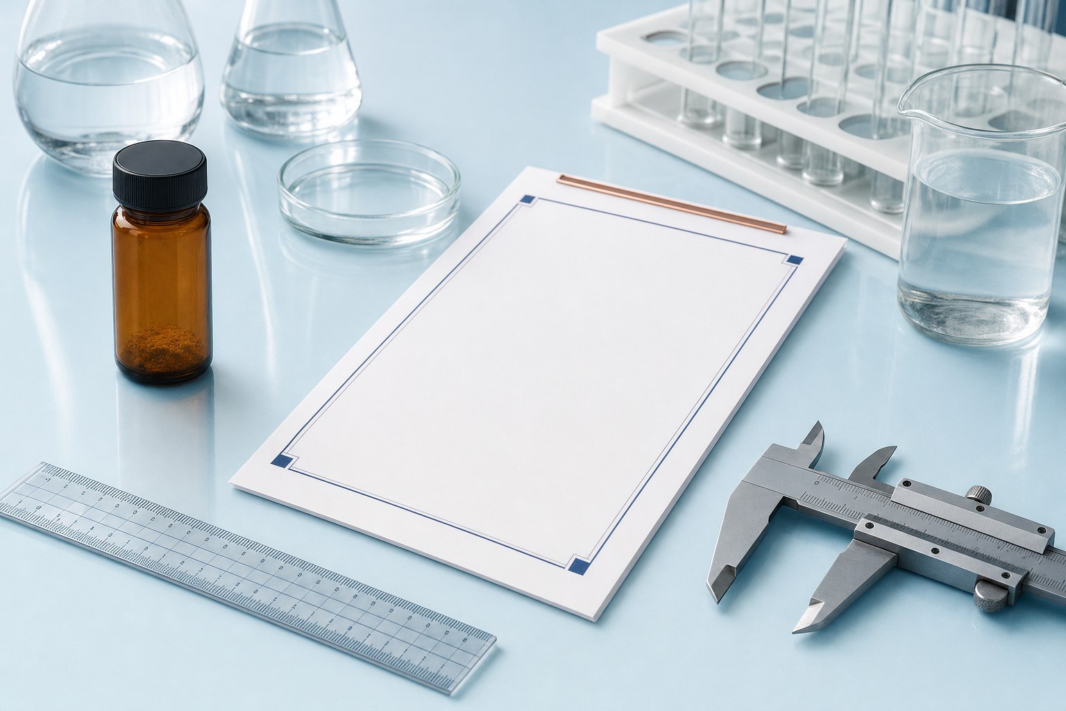 Anonymous amber research vial beside a blank analytical report, glassware, ruler, and caliper