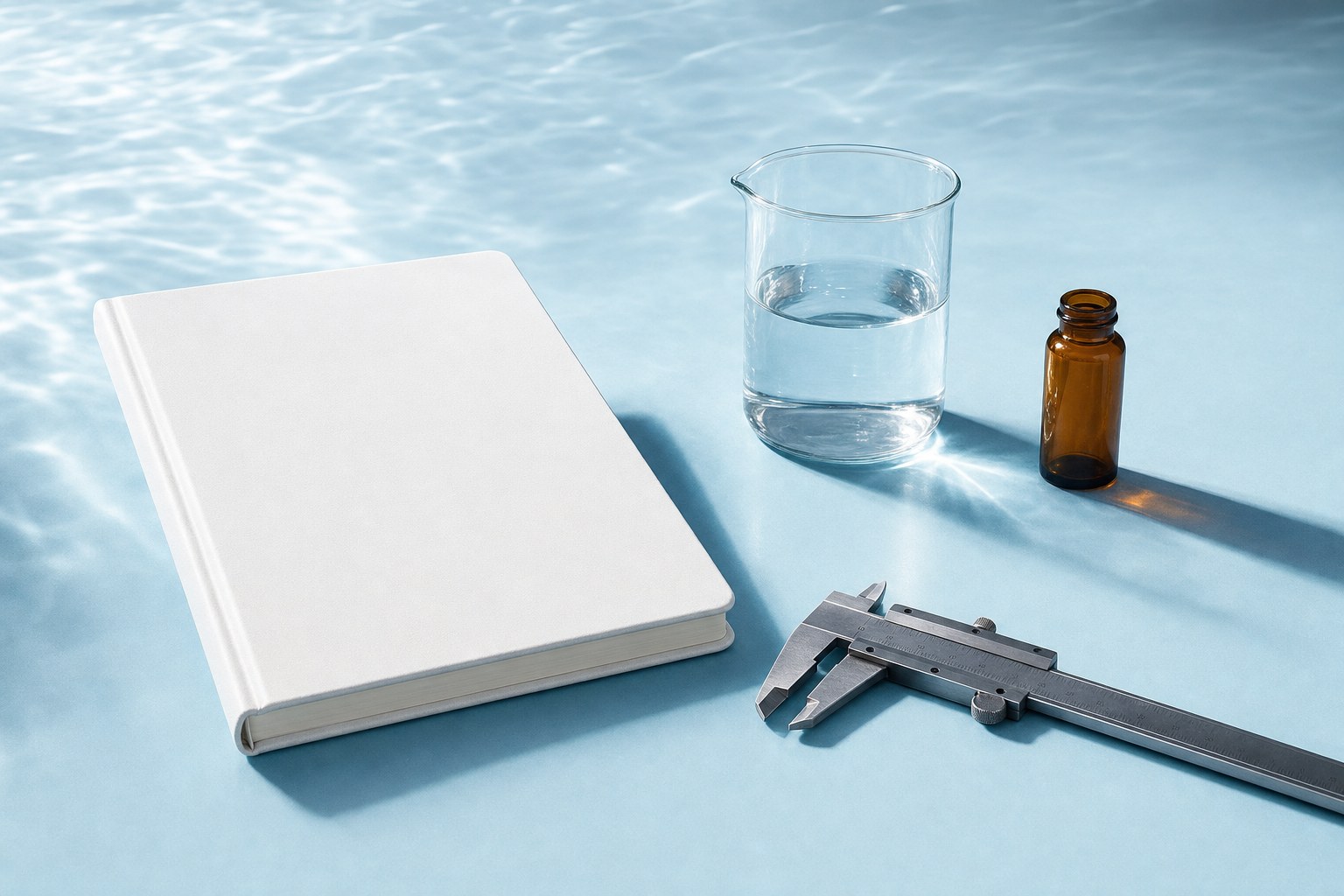 Laboratory notebook, glassware, amber vial, and caliper on an ice-blue work surface
