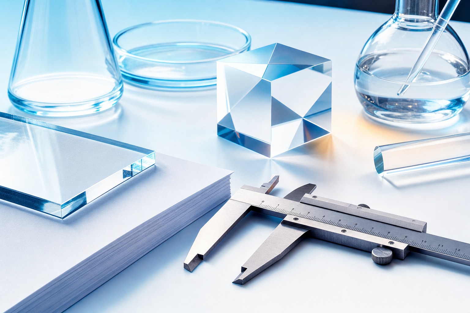 Clear laboratory glass and precision measurement tools on a white surface