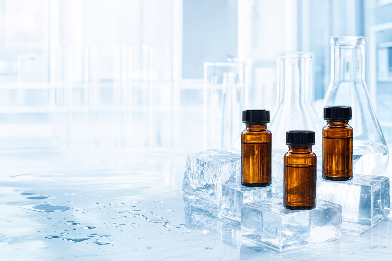 Amber glass laboratory vials and clear glassware on a reflective surface