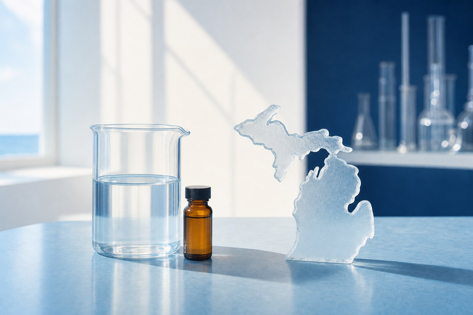 Abstract Michigan-inspired frosted glass form with laboratory glassware