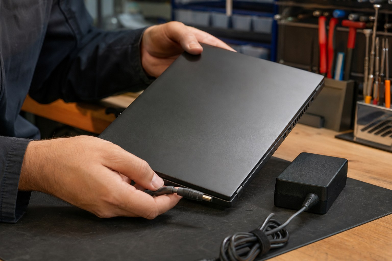 Technician inspecting a powered-off laptop and its charger