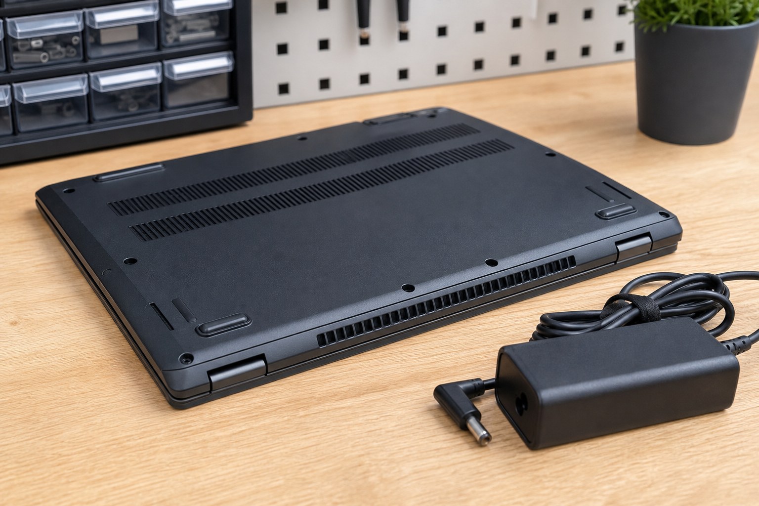 Laptop underside with clear cooling vents and charger nearby