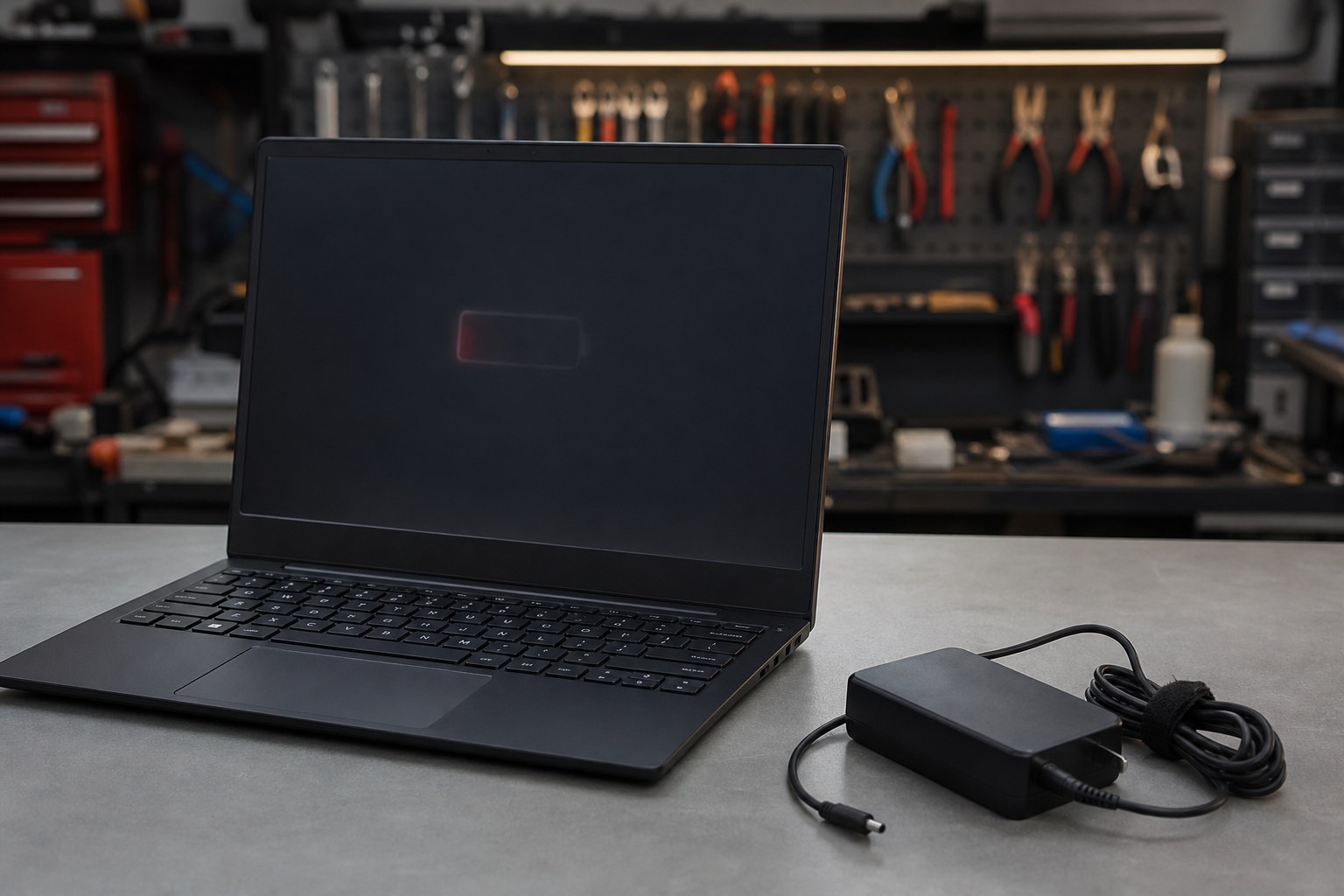 Laptop with a low battery indicator on a repair workbench beside its charger