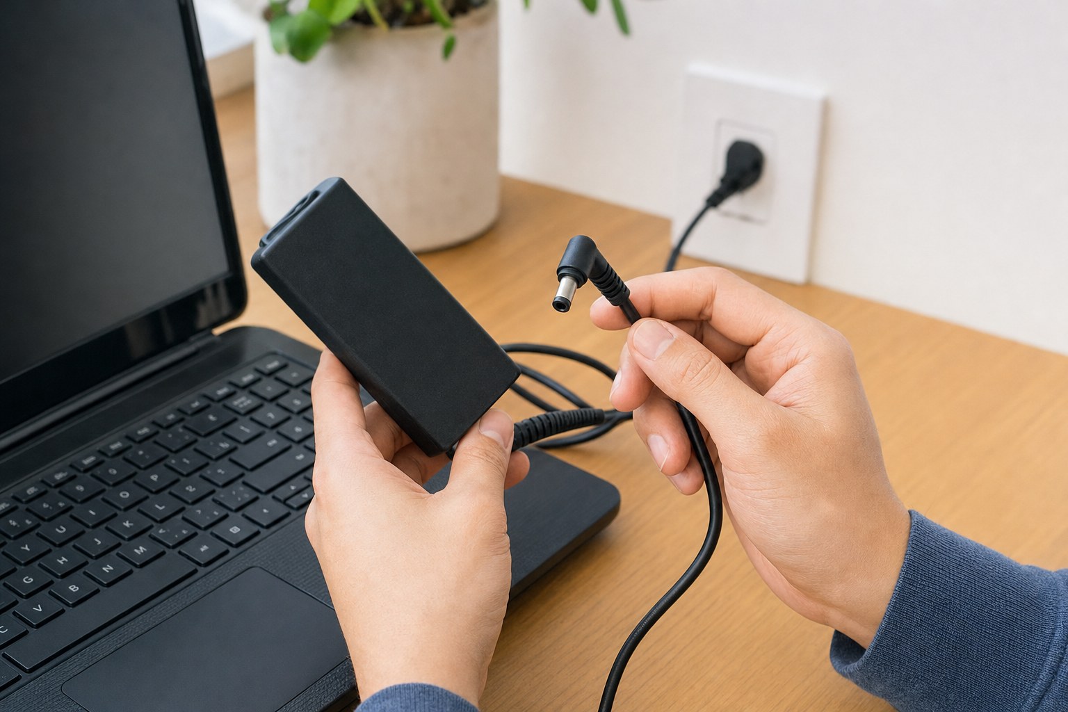 Hands checking a laptop power adapter and charging connector